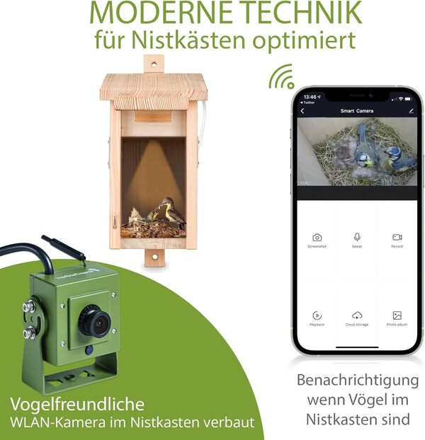 Kamera im Vogelhaus Nichoir Nestblick Plus beige avec caméra wifi. Nichoir pour observation en direct avec application, Full HD, vision nocturne, son et LED infrarouge. Idéal pour les mésanges,