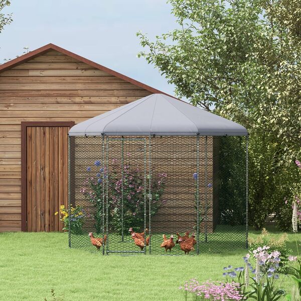 PawHut Enclos poulailler chenil volière Hexagonal extérieur 5 m² - Parc grillagé dim. 2,8L x 2,45l x 2,46H - Espace Couvert - Acier galvanisé - 5/8 Poules