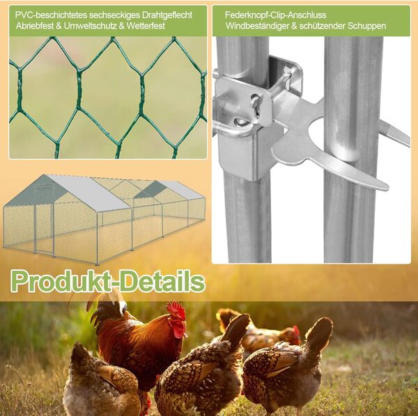 Herrselsam Poulailler - 3 x 8 x 2 m - XXL - Enclos avec Serrure de sécurité et Chiffon de Couleur en polyéthylène imperméable - Idéal pour Poules et Autres Petits Animaux