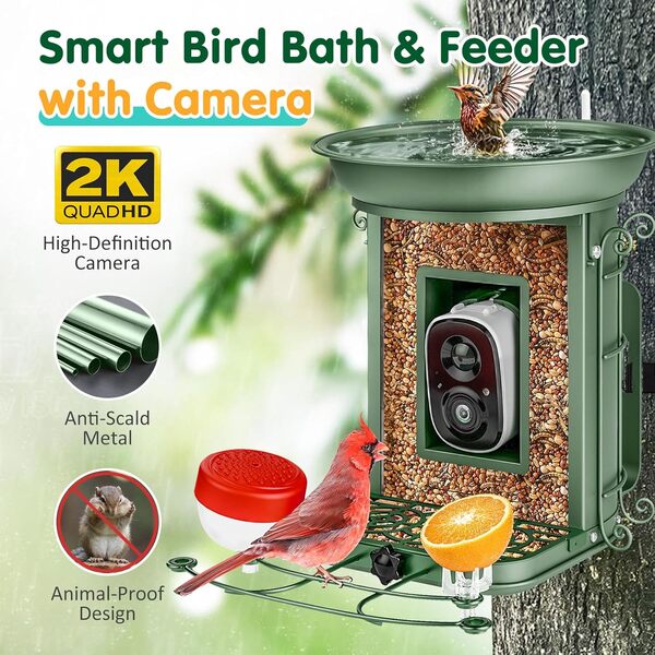 Mangeoire intelligente pour oiseaux avec caméra et bain d'oiseaux, panneau solaire d'identification des espèces d'oiseaux, caméra d'alimentation pour oiseaux pour l'extérieur, vue en direct, alertes