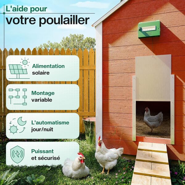Chicken Cooper Ouvre-porte solaire 5 kg pour poules - Détermination automatique de l'heure et réglage de la saison - Avec mémoire intégrée et double rouleau - Compatible avec la plupart des volailles