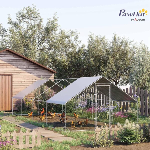 PawHut Enclos poulailler chenil volière extérieur 24 m² - Parc grillagé dim. 3L x 8l x 2H m - Espace Couvert - Acier galvanisé