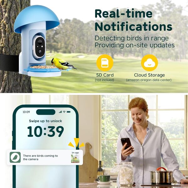 BBPECO Mangeoire à oiseaux intelligente avec appareil photo, alimentation solaire, bleu