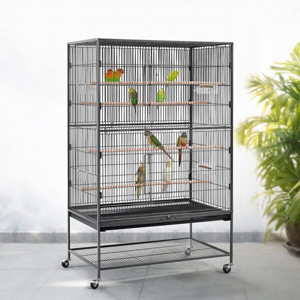 Abician Voliere Oiseaux Interieur sur Pied Grand Cage Oiseau sur roulettes en Métal pour Perroquet Perruches 93,5×56,5×153cm