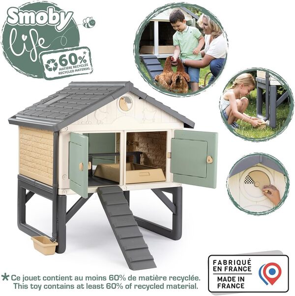Smoby Life - Poulailler Made in Jura - Jusqu'à 5 Poules - 1 Œuf Factice et 1 Livret Ludique - Facile à Nettoyer - Structure Plastique - Anti Poux Rouges - Matière Recyclée - Fabrication Française