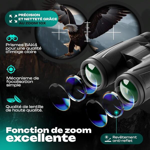NATUREVUE - Jumelles 10 x 42 pour adultes, IPX6 étanches avec accessoires - BAK4 + FMC, pour porteurs de lunettes, voyage, observation des oiseaux, sport et extérieur 700 g
