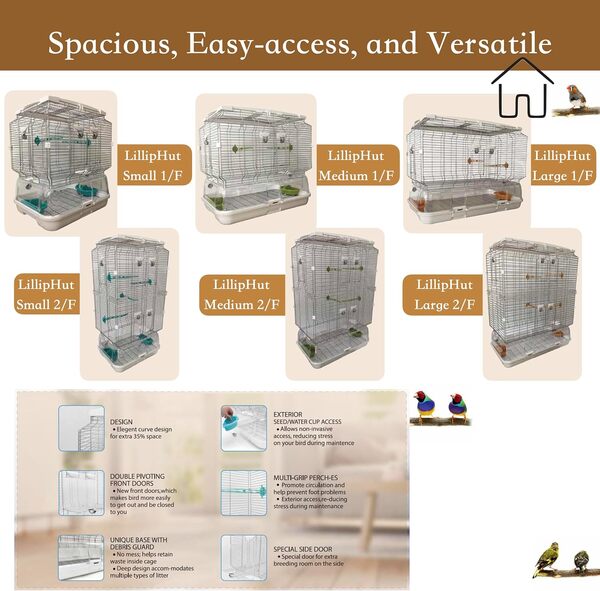 LillipHut Cage à oiseaux – Construction en métal, base amovible, perchoirs à plusieurs niveaux, interaction facile, simple à nettoyer, spacieuse et durable (vert, taille M, 2 étages)