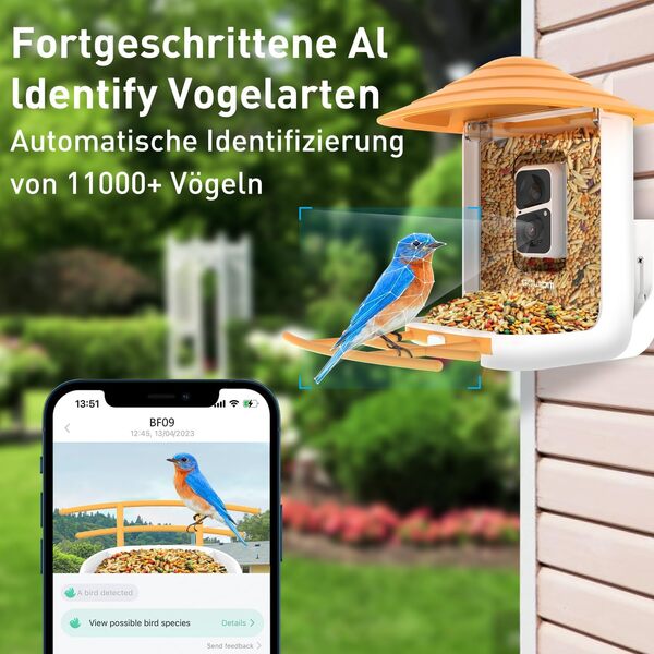 SOLIOM BF09 Mangeoire à oiseaux avec caméra solaire, pour mangeoires d'oiseaux sauvages, 1080p HD, avec caméra sur téléphone portable, enregistrement automatique, notifications instantanées