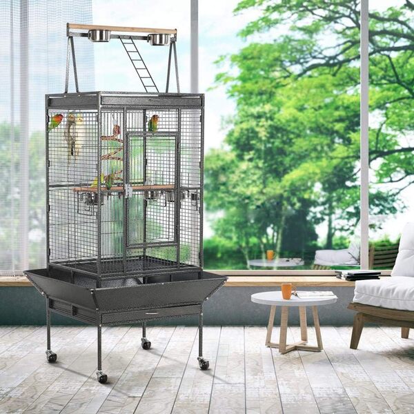 Yaheetech Grande Cage Oiseau Volière à Oiseaux Intérieur Exterieur pour Perruche Perroquet Mandarin avec 4 roulettes Mobiles 81x76x174cm Métal