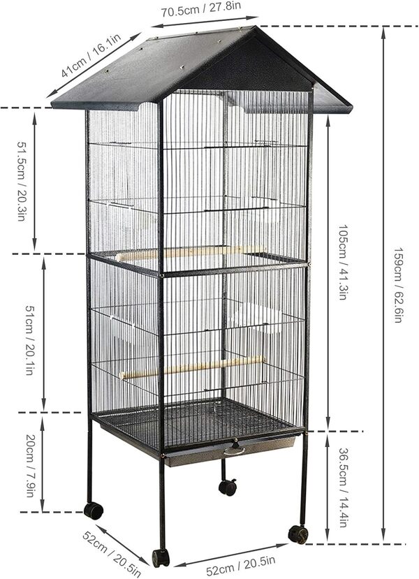 Kavolet Cage Oiseau, Cage de volière, Voliere Exterieur, Cage à Oiseaux en métal, Grande capacité, Facile à Nettoyer, pour perroquets d'oiseaux de Compagnie Cockatiel, 52 * 52 * 159cm
