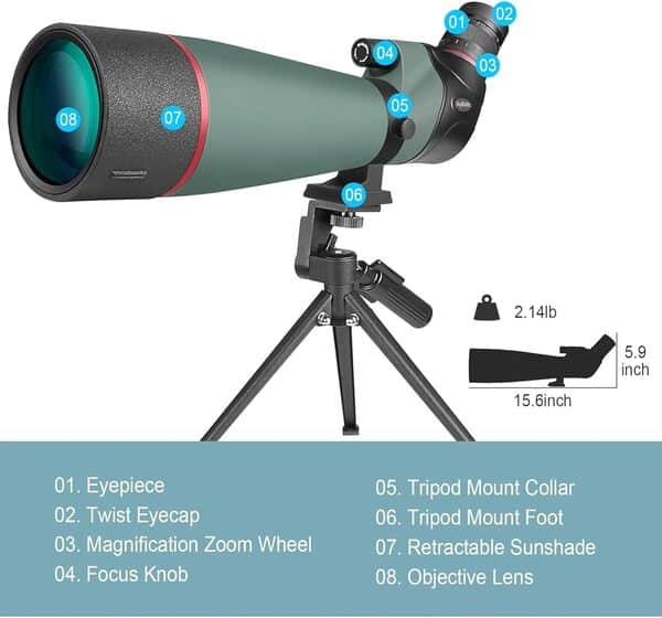 JoyDate 20-60x80mm HD Longue-Vue avec trépied, Adaptateur Smartphone, Sac de Transport, BAK4, étanche, Lunette de visée pour Le tir sur Cible Observation des Oiseaux Chasse Faune Sauvage