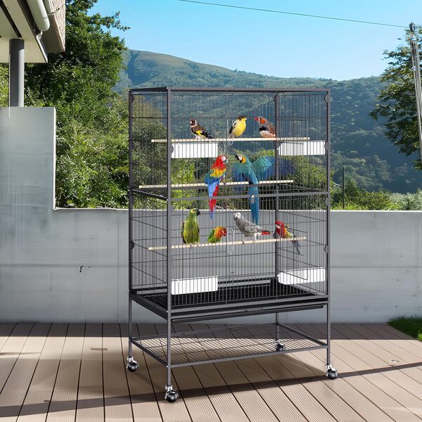 VEVOR Cage Oiseau 79x51x132 cm Grande Cage Oiseaux à roulettes Intérieur Décorative avec Support Roulant Plateau Détachable Perchoirs Mangeoires pour Divers Oiseaux Perroquet Ara Perruche Calopsitte