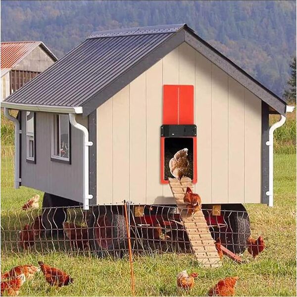Porte de poulailler automatique (rouge) avec capteur de lumière, alimenté par batterie, étanche, résistant aux prédateurs, porte de poulet à verrouillage automatique, convient pour la maison et la