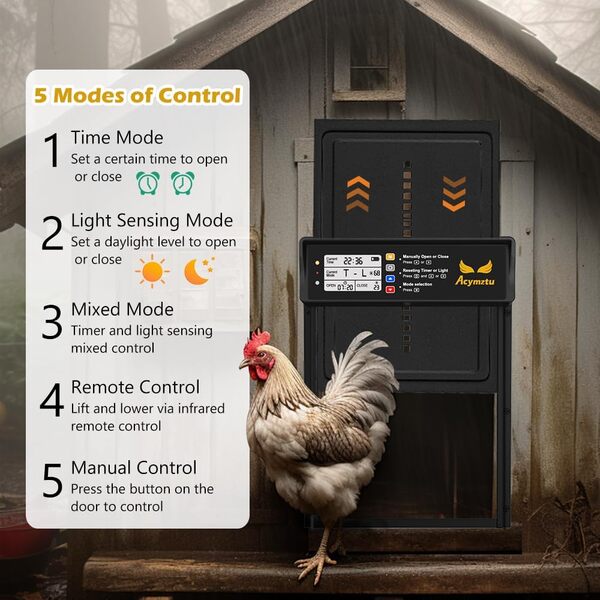 Acymztu Porte de poulailler, porte automatique à énergie solaire avec minuterie et capteur de lumière | Ouvre-porte en alliage d'aluminium résistant aux intempéries avec panneau solaire de 3,5 W et