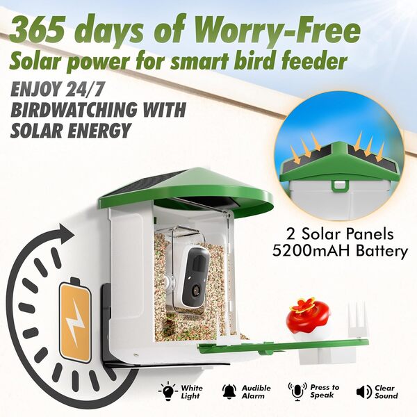 Amaprime® Mangeoire intelligente avec caméra, double panneau solaire, caméra AI identifie plus de 11 000 espèces, vidéo de capture automatique HD 1080p, alerte, amateur de cadeaux en plein air