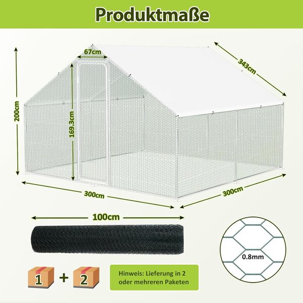 Izrielar Poulailler XXL Enclos d'extérieur avec serrure de sécurité et chiffon de peinture en polyéthylène imperméable, beaucoup d'espace pour poules, lapins et autres petits animaux, cadre en acier