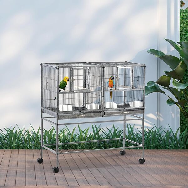 PawHut Cage à Oiseaux avec séparation mangeoire et perchoir 95L x 45,5l x 102H cm Noir et Gris