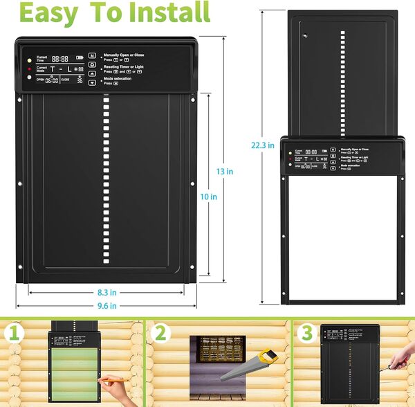 Otpermen Porte de poulailler solaire, porte automatique avec écran d'affichage LED et minuterie de 24 heures, combinaison multifonctionnelle à énergie solaire (noir), petite taille