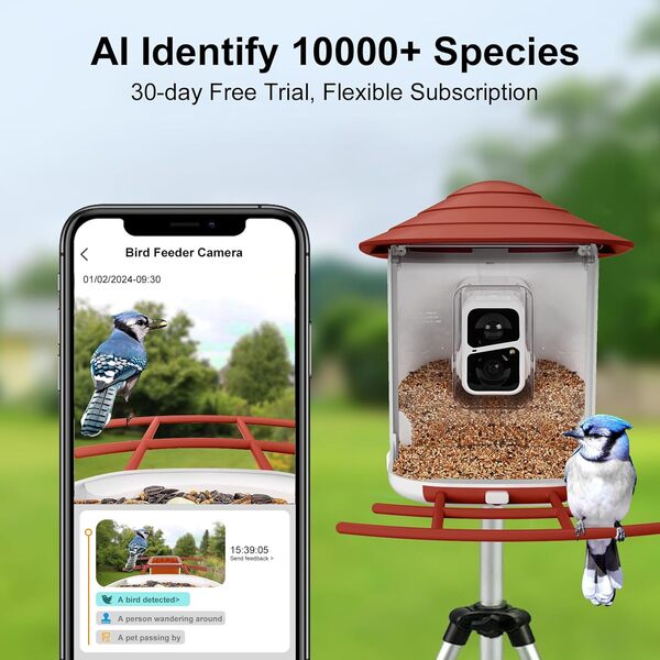 birdsnap TUC – Mangeoire intelligente pour oiseaux avec caméra + panneau solaire 64 Go, perchoir 6 en 1, vue à 160 °, capture automatique des vidéos d'oiseaux 1080p, identifie plus de 10 000 espèces