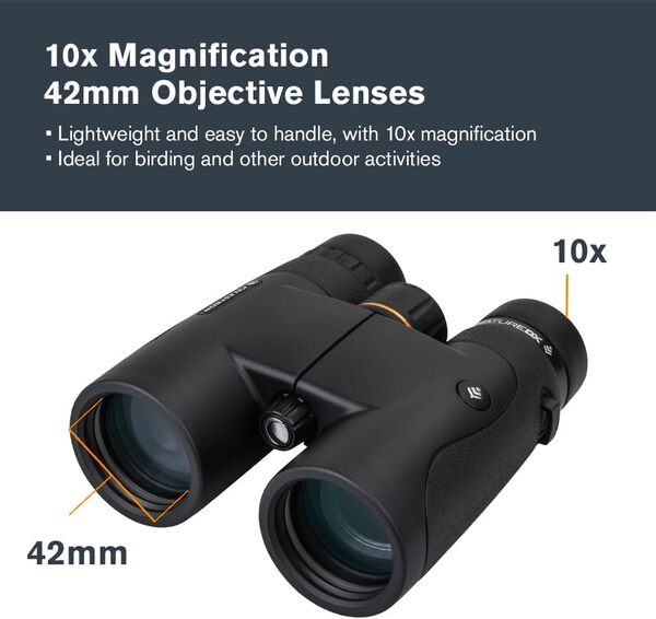 Celestron 72323 Jumelles Nature DX 10x42 pour l'extérieur et l’Observation des Oiseaux, entièrement traitées Multicouches avec prismes BaK-4, revêtement en Caoutchouc, antibrouillard et étanches