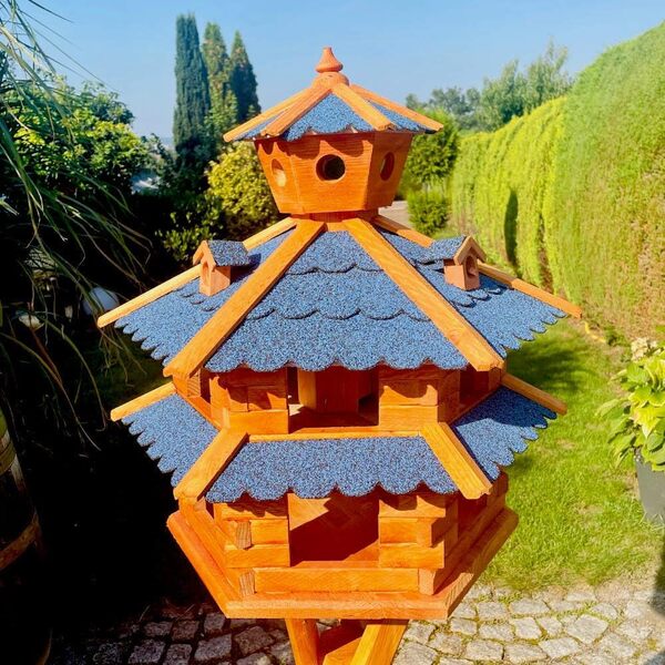 DARLUX Mangeoire pour oiseaux résistante aux intempéries de L à XXL avec ou sans support en marron avec rouge, vert ou bleu pour jardin et balcon (taille XXL sans support, bleu - marron)