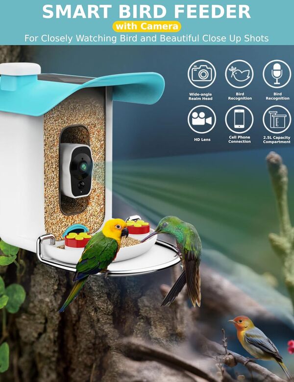 Mangeoire à Oiseaux Intelligente avec Caméra à énergie Solaire – Caméra WiFi étanche 4K HD IP65, Identification par L'IA, Capture Automatique