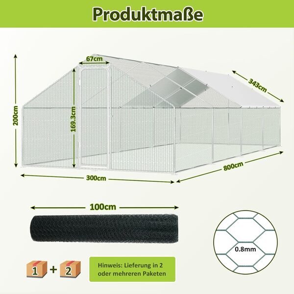 Jopassy Enclos pour poulailler 3 x 8 x 2 m - En acier galvanisé - Avec serrure - Pour cage à poulet, petits animaux, cage à oiseaux et animaux de compagnie