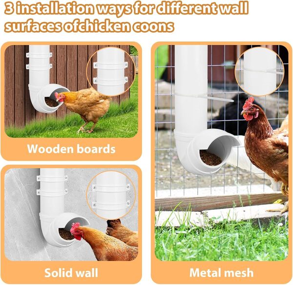 Mangeoire automatique pour poulet, capacité de 3,2 kg, tuyau en PVC robuste, sans déchets, port d'alimentation par gravité pour poulailler (1 pièce, 3,2 kg)