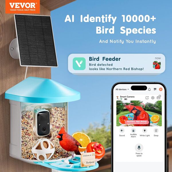 VEVOR Mangeoire Oiseaux avec Caméra Intelligente 2K HD AI Caméra Identifie 10000 Espèces d'Oiseaux, 1 Panneau Solaire, Capture Auto, Notification Instantanée, pour Extérieur Amoureux des Oiseaux, Bleu