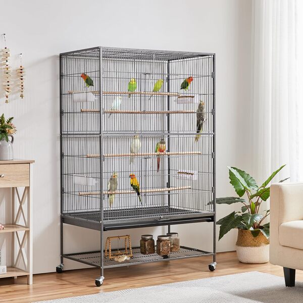 Yaheetech Grande Cage Oiseau sur Pied Volière Canaries Perroquet Grosses Perruches Cacatoès Ara Cage à Oiseaux sur roulettes 2 Étages avec Support 93,5×56,5×153 cm