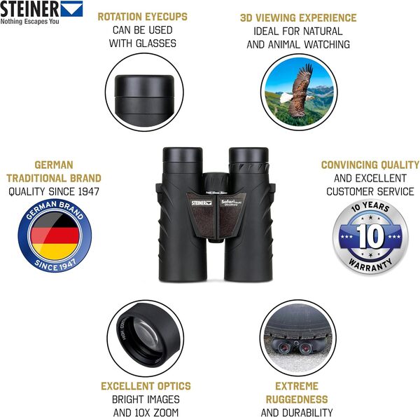 STEINER Jumelles Safari UltraSharp 10x42 - Optique de qualité Allemande, Lumineuse, à Contraste élevé, Robuste, idéale pour Les Voyages, la randonnée, Le Sport et l'observation de la Nature