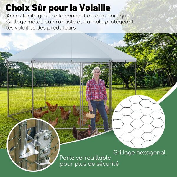 GOPLUS Grand Poulailler en Métal pour 8 à 15 Poulets, Enclos Hexagonal avec Porte Verrouillable et Housse étanche et Anti-UV, Cage à volaille, pour Poule, Canard, oie, Lapin, pour l’extérieur