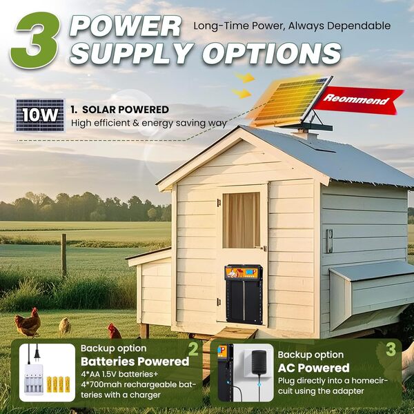 NEWTRY Porte automatique pour poulailler avec panneau solaire 10w et câble étendu, minuterie et capteur de lumière programmables, anti-pincement, indicateur de bande lumineuse plus télécommande 40m