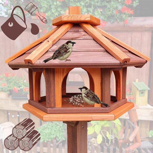 Mangeoire à oiseaux avec support en bois résistant aux intempéries - Mangeoire pour oiseaux sauvages - Mangeoire à poser pour le jardin, le balcon (marron + rouge)