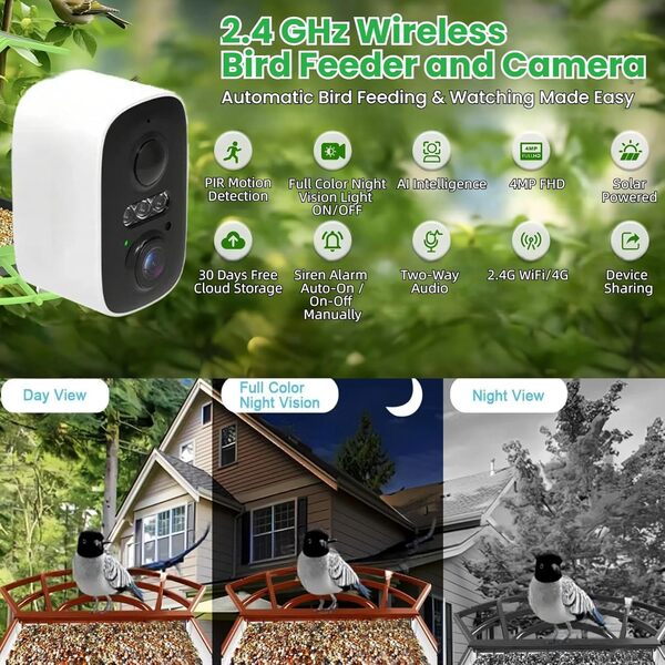 Mangeoire pour oiseaux, avec caméra, caméra 4 MP, mangeoire pour oiseaux avec enregistrement vidéo/photo, identification IA, détection de mouvement, alarme, vision nocturne, étanche IP65