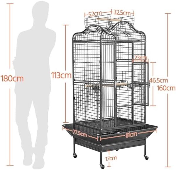Abician Grande Cage Oiseaux pour Perroquet Grande Cage à Oiseaux exquise avec Toit Ouvrable 81 x 77 x 154 cm Noir