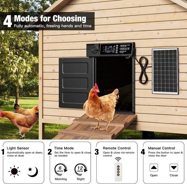 Porte de poulailler automatique, grande taille à énergie solaire avec ouverture en cas d'urgence, anti-pincement, minuterie et capteur de lumière, porte automatique en aluminium étanche, avec panneau