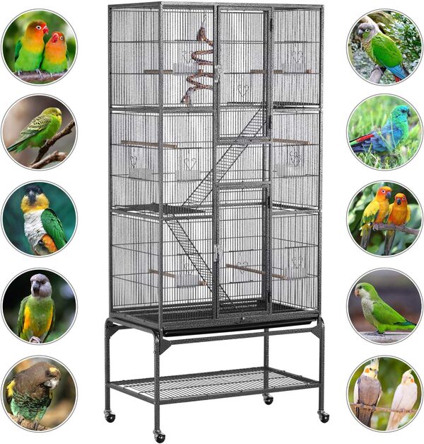 Yaheetech Cage Oiseaux Cage Perroquet Volière Oiseaux Intérieur pour Perruche Calopsitte Conure Canaris avec Pied sur Roulette 77x 46x175,5cm Noir