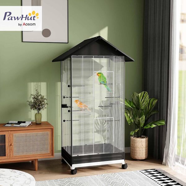 PawHut Cage Oiseau sur Pied, volière Oiseaux intérieure sur roulettes, avec Plateau Coulissant, 2 mangeoires et 8 perchoirs, pour pinsons canaris, 79 x 65 x 155 cm, Fil d'acier, Noir