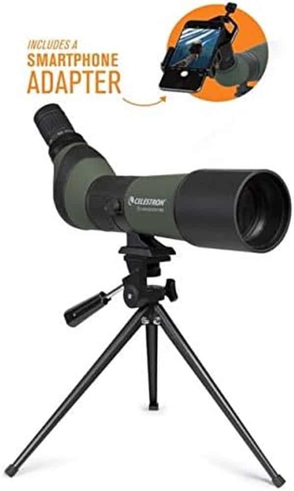 Celestron LandScout Lunette d'observation coudée 65 mm – Optique entièrement revêtue – Oculaire Zoom 20–60x – Blindé en Caoutchouc – Trépied de Table et Adaptateur pour Smartphone