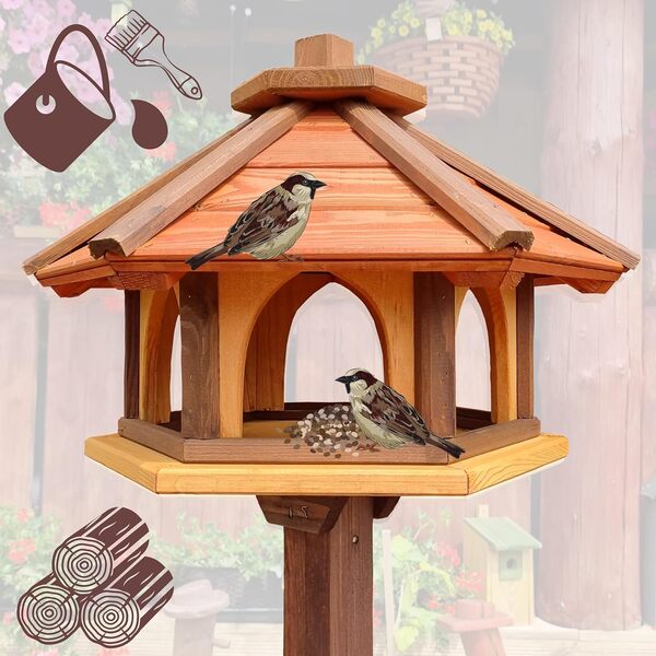 Mangeoire hexagonale en bois pour oiseaux sauvages à poser dans le jardin (marron, rouge + jaune)