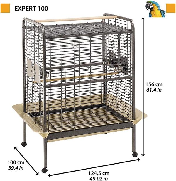 Ferplast Expert 100 Cage, Livrée avec Roues, Angles Anti-Projection, Grille de Protection, en Métal Vernis Noir pour Perroquets Robuste et Anti-Griffures, 124,5 x 100 x 156 cm