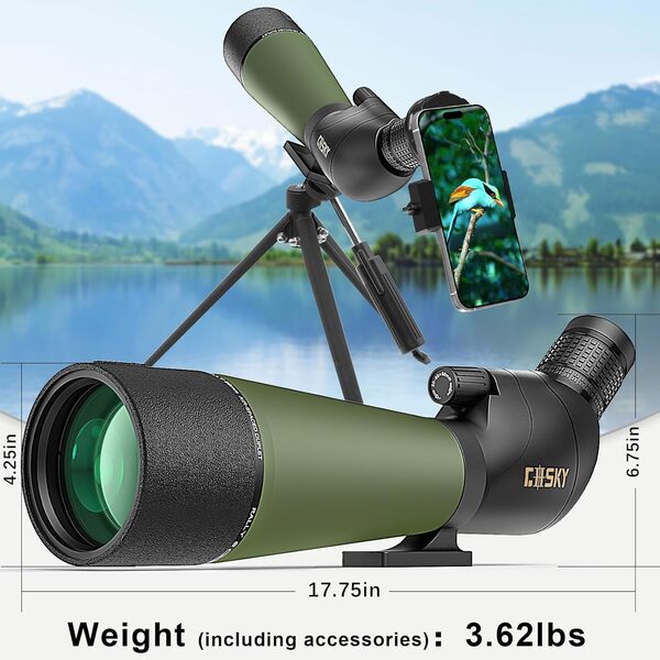 Gosky 20-60x80 Longue Vue étanche avec trépied, Sac de Transport et Adaptateur pour Smartphone - Télescope incliné BAK4 - pour l'observation des Oiseaux, Le tir et la Chasse