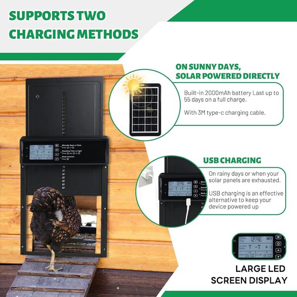Poulailler Automatique à énergie Solaire, 4 Modes avec minuterie et capteur de lumière, Anti-pincement, Alerte, télécommande, Alliage d'aluminium, étanche, 22,9 x 5,1 x 2,5 cm