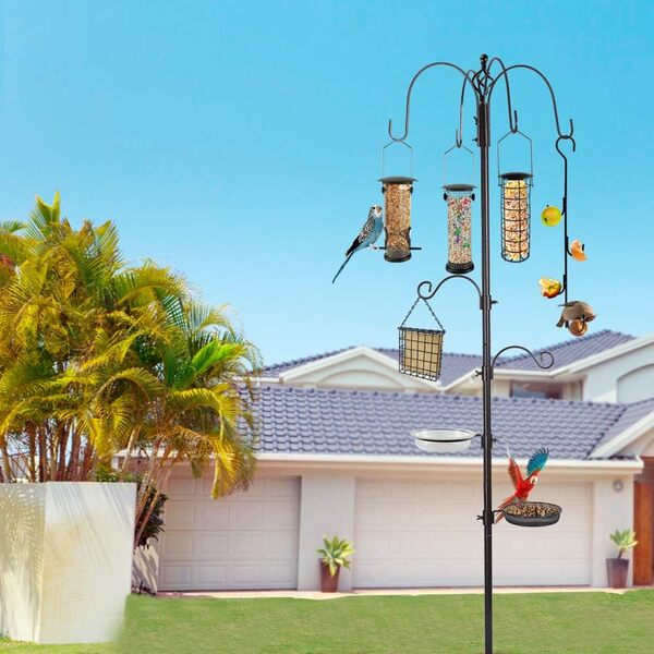MIXXIDEA Kit de mangeoire à oiseaux – Mât de 238 cm avec base à 5 griffes, support multifonction extérieur, 7 crochets, 5 mangeoires, plateau de bain, facile à