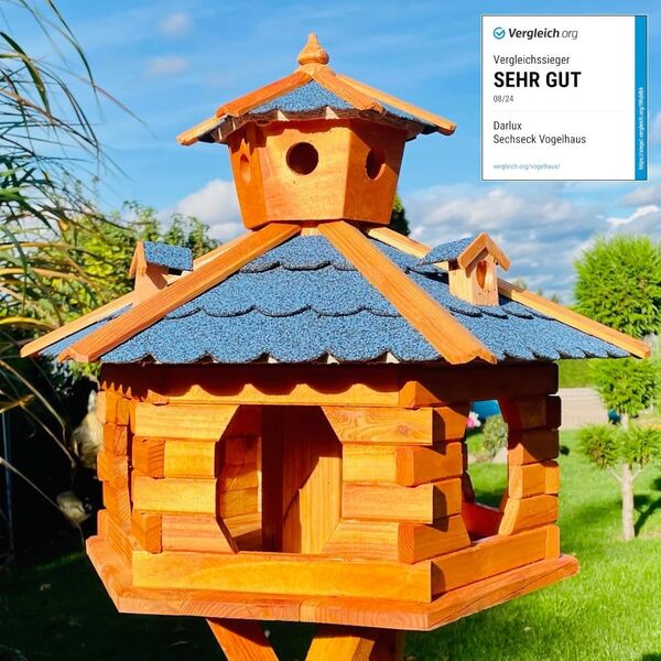 Mangeoire hexagonale en bois fabriquée à la main - Résistant aux intempéries - Tailles M à XL - Avec et sans support - Taille XXL - Sans support - Bleu - Marron