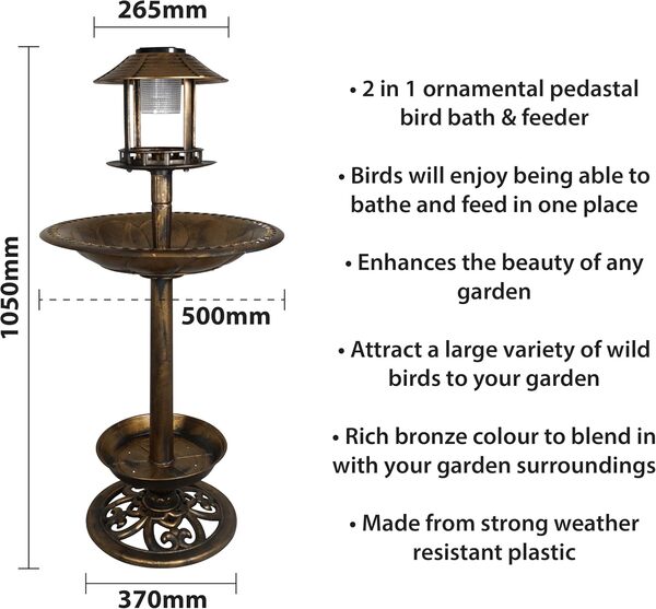 St Helens Home & Garden Mangeoire décorative autoportante, résistante aux intempéries, Style piédestal, Facile à Assembler avec Lampe Solaire