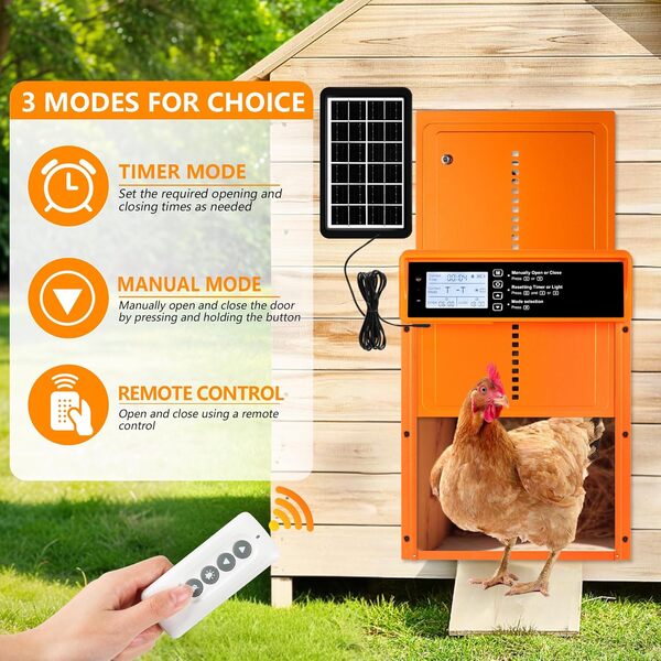 Porte automatique de poulailler à énergie solaire avec minuterie et télécommande, capteur anti-pincement, porte étanche en aluminium