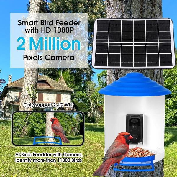 Mangeoire à oiseaux avec caméra d'extérieur sans fil, caméra d'observation intelligente des oiseaux, capture automatique et identification des vidéos d'oiseaux et détection de mouvement, nichoir avec