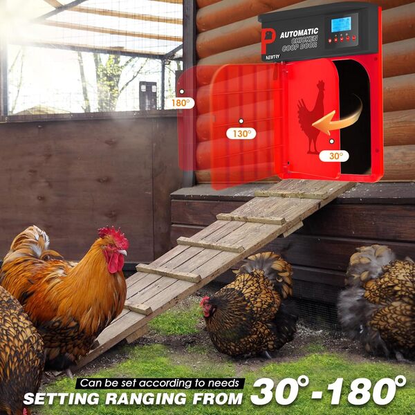 NEWTRY Ouvre-Porte Automatique pour poulailler, Porte pivotante avec minuterie et capteur de lumière, Anti-pincement, 10W alimenté par énergie Solaire avec télécommande 40m (Rouge)